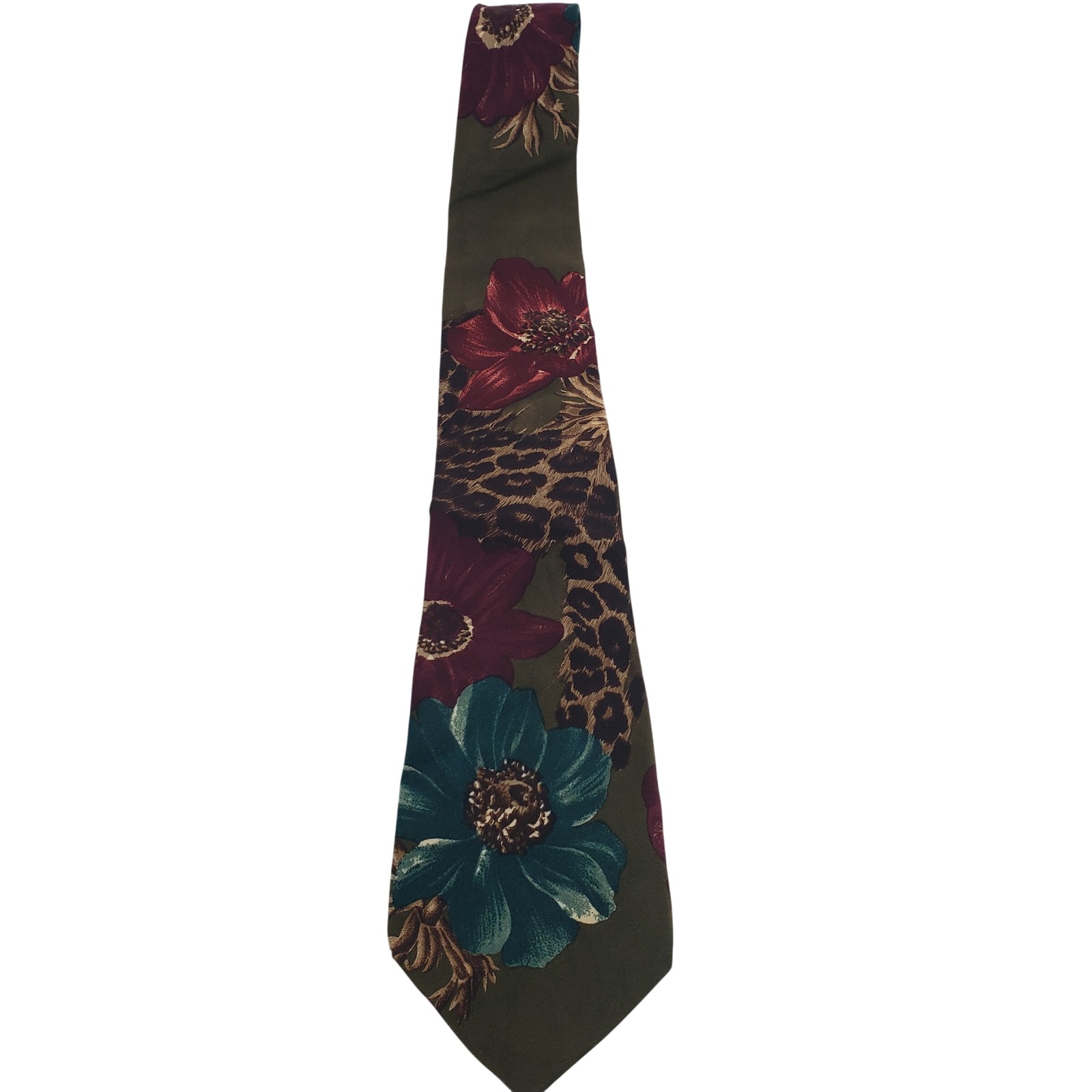 Bill Robinson Mens Floral Leopard Print Silk Necktie Os Olive Green Burgundy